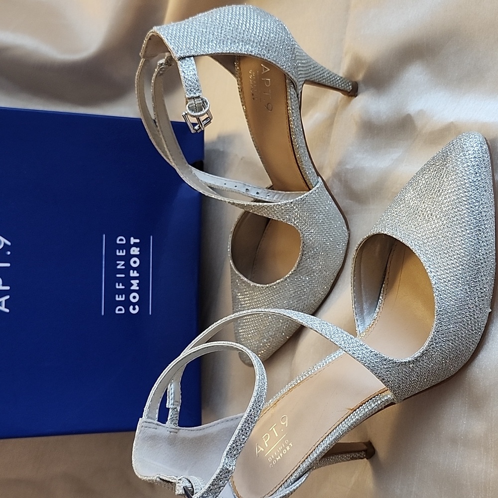 Apt. 9 Good Cond Glittering Silver Heels, 7, $37
